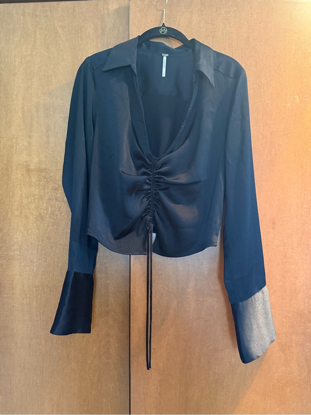 Free People Black Ruched Satin Button-Down Top